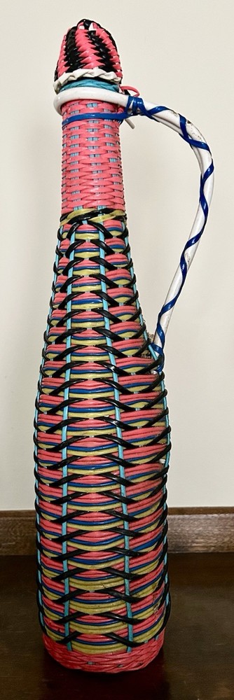 Vintage Vinyl Wicker Wrapped Glass Wine Bottle Handled Decanter 15” tall