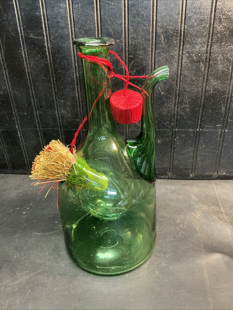 Vtg Princes House Blown Green Glass Wine Bottle Decantor Ice Pocket Chiller MIB