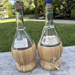 Lot of 2 Wine Glass Bottles in Wicker Straw Baskets w/ Cork Stoppers