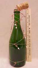 Green Wine Bottle Decorated with Copper Wire & White Beads With Popped Cork