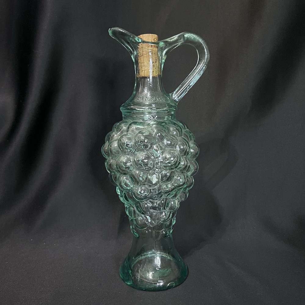 Vintage Pinord Mid-Century Grape Cluster Glass Decanter Bottle Sturdy W/ Handle