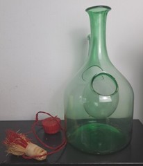 Vintage Italian Hand Blown Green Glass Wine Bottle Decanter w/ Ice Chamber, Cork