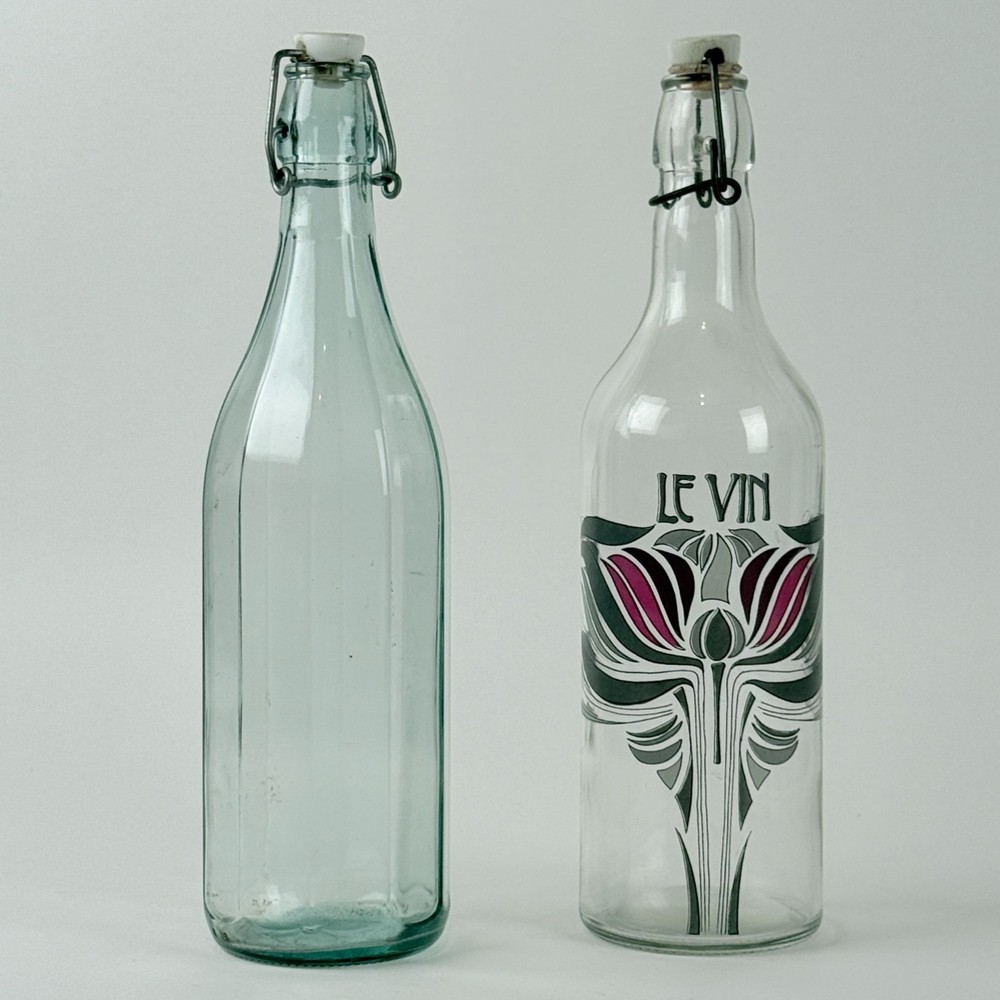 Art Nouveau Le Vin Wine Bottle Set Ceramic Topper Glass Pair 12.5” Bar Decor