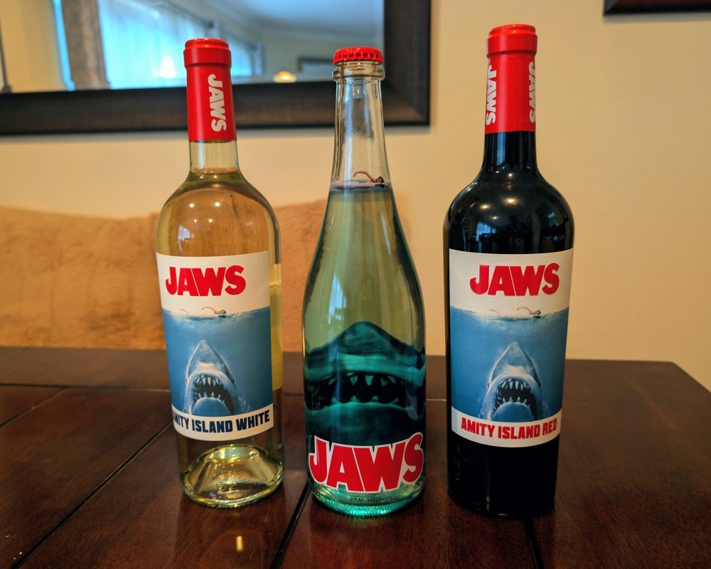 Lot Jaws 50th Anniversary Amity Island Red / White/ Spritzer EMPTY Wine Bottles