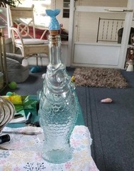 Italian Aqua Blue Fish Shaped Wine Bottle 13&Prime; VTG Glass With Fish Tail Cork EUC