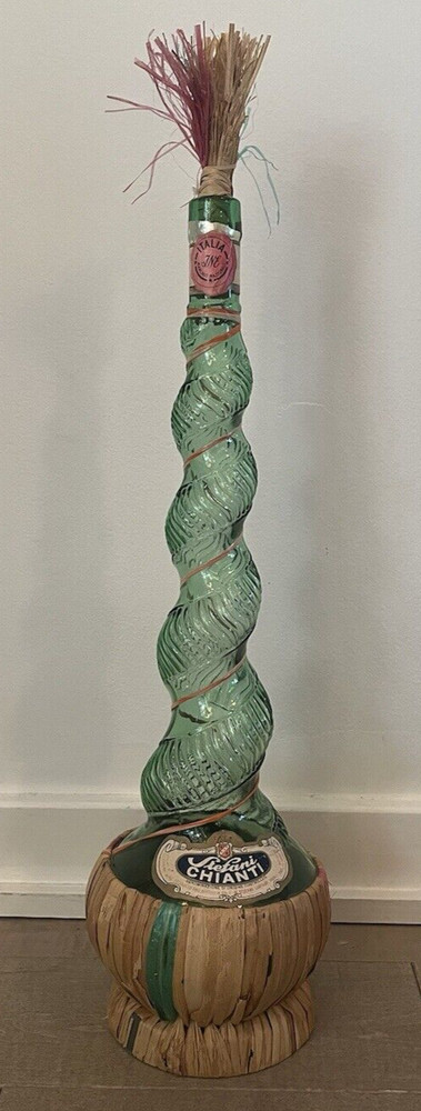 Vtg Italian Chianti Spiral Glass Bottle Raffia Stopper Labels 19.5” GUC