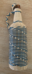 Vintage 1970s FRENCH WICKER-WRAP WINE BOTTLE Parisian Blue/Cream Plastic Vintner