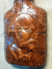 Vintage Spanish Leather Covered Liquor Bottle Flask Spain Embossed Man&rsquo;s Head