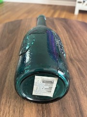Vintage Teal Glass Bottle 11.25&Prime;H Grape Motif Spanish Glass Wine Carafe