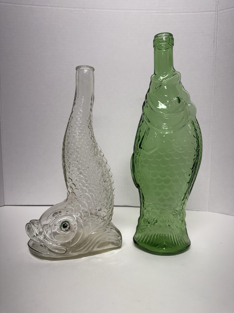 VTG Italian Green Fish Shaped & Portuguese 1969 Fish Shaped Glass Wine Bottles
