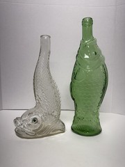VTG Italian Green Fish Shaped & Portuguese 1969 Fish Shaped Glass Wine Bottles