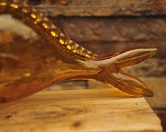 Vintage Haas Bros California Glass Fish Decanter Bottle Amber w/ Green Eyes 15&Prime;