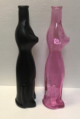 2 Lot Happy Cat Clear Pink Black Tall Glass Bottle Vase Wine Product Germany 13”