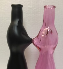 2 Lot Happy Cat Clear Pink Black Tall Glass Bottle Vase Wine Product Germany 13”