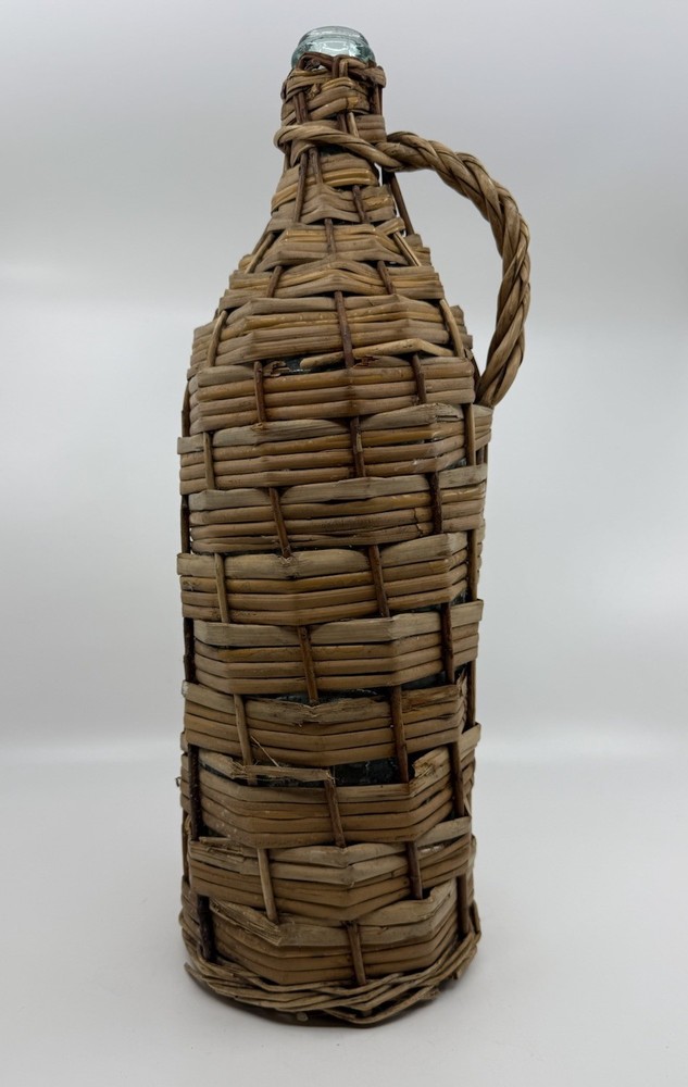 VTG Rustic Demijohn Bottle Wicker/Rattan Wrapped Aqua Green Glass 16.5 Inch