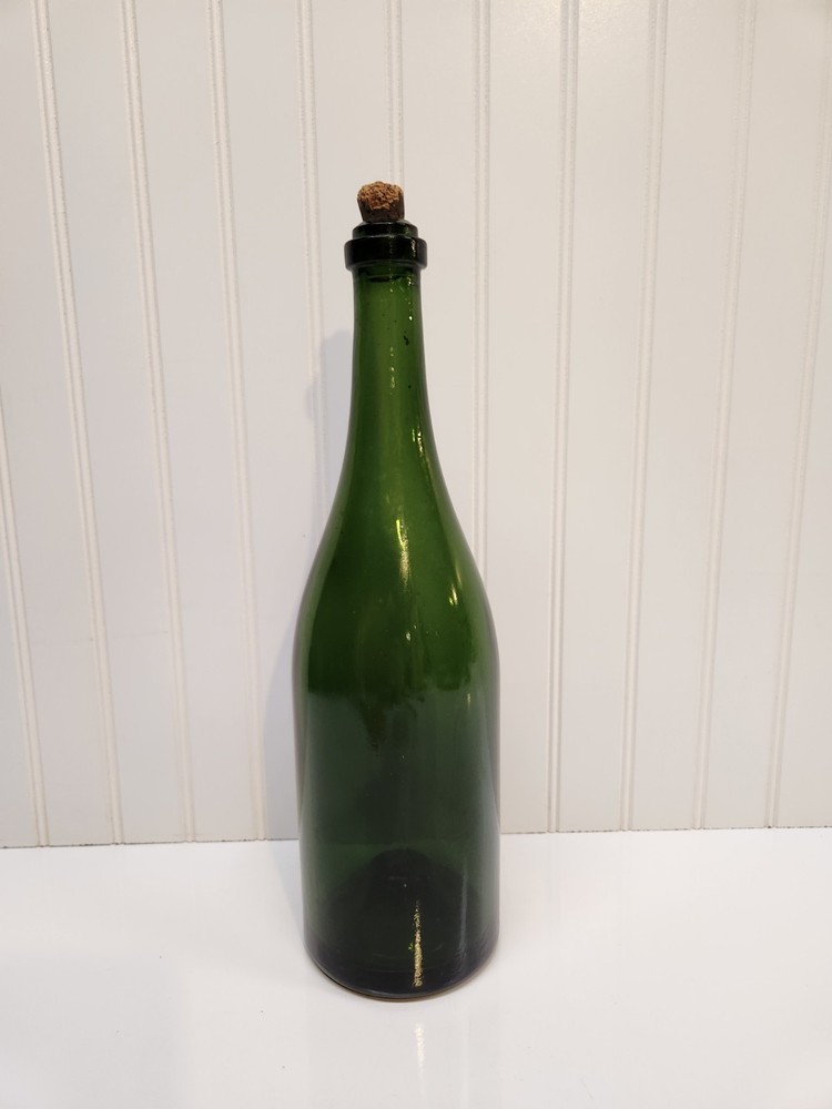 VTG Owen&rsquo;s Illinois Dark Green Heavy Glass Wine Bottle Markings w/ Cork 16&Prime; Tall