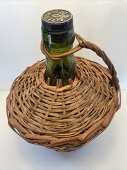 Vtg Wicker Wrapped Demijohn De Muller Spain Green Glass Wine Bottle 13” h x 9”w*