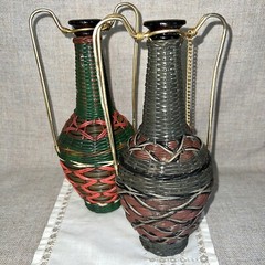 Vintage Viresa Spain Wine Bottles Plastic Woven Wicker Metal Handle Empty- Pair