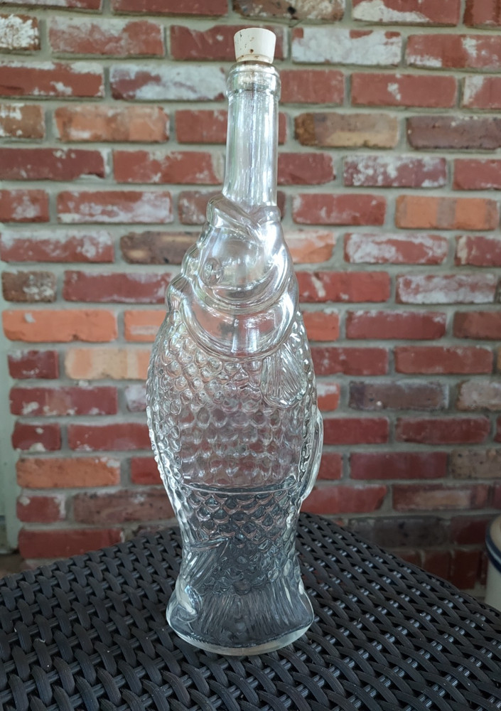 Fish Shaped Clear Glass Wine Bottle w/ Cork 13&Prime; Tall Vintage