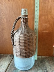 Vintage French Wicker & Aqua Glass Demijohn With Handle