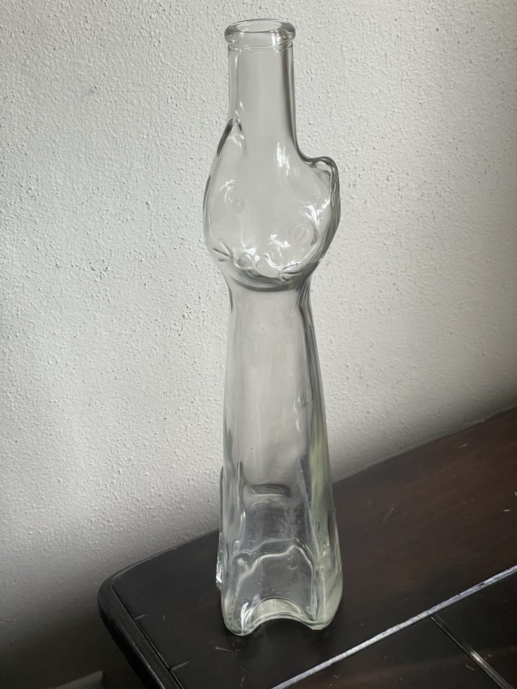 13” Happy Cat Mosell? Clear Wine Bottle Flower Vase Clear EUC No Label