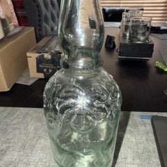 La Mediterranean Blown Teal Glass Wine Bottle W/Cork Embossed Grapes