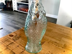 VINTAGE BLUE GREEN FISH ITALIAN GLASS BOTTLE WINE BOTTLE DECANTER w/ STOPPER 14&Prime;