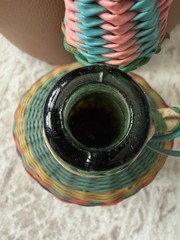 Vintage Spain Wine Bottle Plastic Woven Wicker Handle Empty Boho