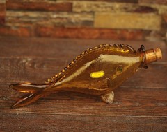 Vintage Haas Bros California Glass Fish Decanter Bottle Amber w/ Green Eyes 15&Prime;