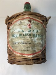 Vtg Wicker Wrapped Demijohn Label DALMAU Spain Green Glass Wine Bottle 13” tall