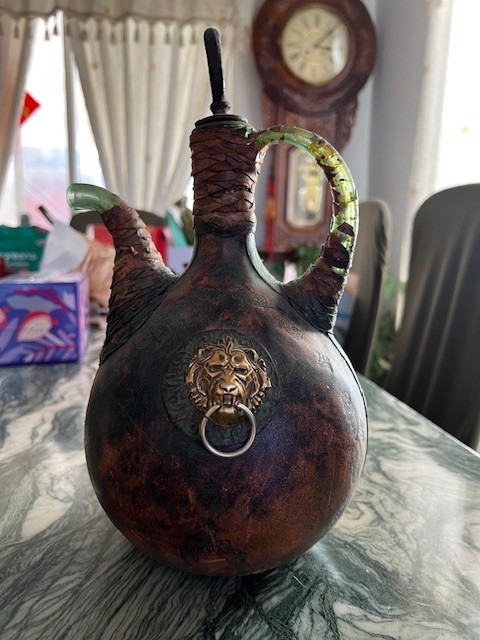 VTG Italian Green Glass Leather Wrapped Decanter Wine Bottle Galleon 12 in