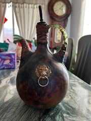 VTG Italian Green Glass Leather Wrapped Decanter Wine Bottle Galleon 12 in