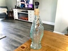 VINTAGE BLUE GREEN FISH ITALIAN GLASS BOTTLE WINE BOTTLE DECANTER w/ STOPPER 14&Prime;