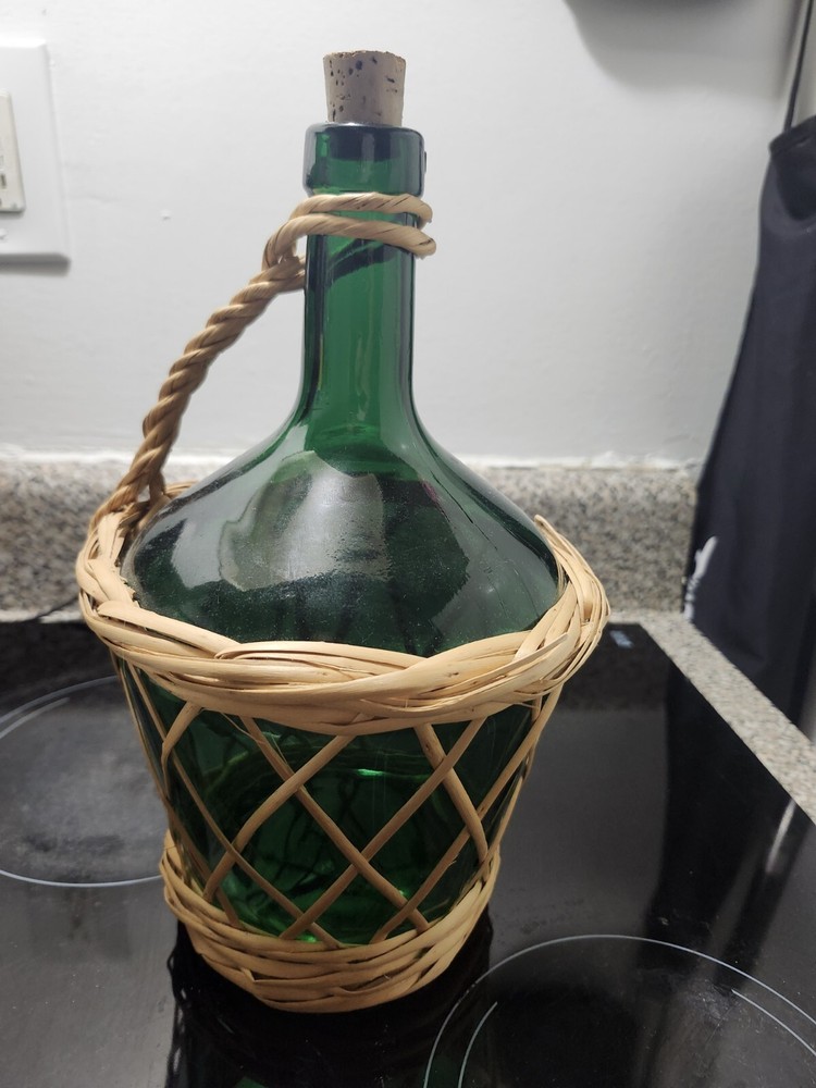 Wine Jug Demijohn Green Glass Wicker Wrapped Spain VTG 1960s Viresa Empty