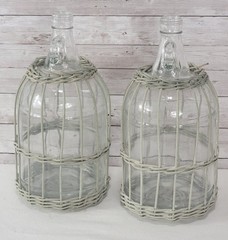 Vtg Pair 1 Gallon Glass Jugs Wicker Basket Wrap Demijohn Bottles Boho Farmhouse