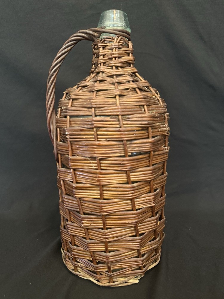 Antq Wicker Wrapped Aqua Glass Demijohn Wine Bottle 15” Tall French Farmhouse