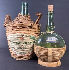 Vintage Wicker Wrapped Wine Bottles Lot – Spanish Chablis 1966 & Bolla Italy