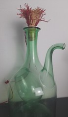 Vintage Italian Hand Blown Green Glass Wine Bottle Decanter w/ Ice Chamber, Cork