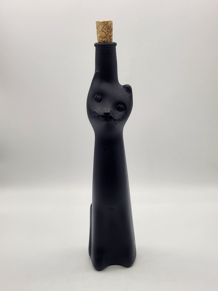 Black Cat Figural German Wine Bottle Satin Glass Mid-century Modern Style 13&Prime;