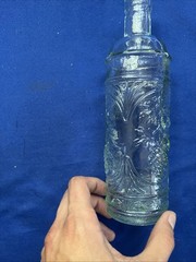 La Mediterranean Blown Teal Glass Wine Bottle W/Cork Embossed Grapes