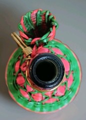 Vintage Green Viresa Glass Bottle Wrapped In Colorful Plastic Wicker 9.5” Tall