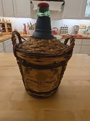 VINTAGE MARQUES De OLIVAR 1964 GREEN GLASS DEMIJOHN WINE BOTTLE w/HANDLES
