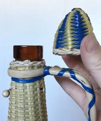 Vintage 1970s blue & natural Wicker Rattan Covered Handled brown Bottle w/ Top