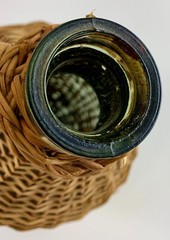 Vintage Green Glass Demijohn Wine Bottle Jug Wicker Wrap Greece Roditis 3Liter