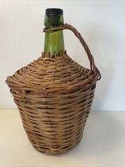 Vtg Wicker Wrapped Demijohn De Muller Spain Green Glass Wine Bottle 13” h x 9”w*