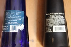 Pair of Mosel Riesling Cat Wine Bottles Frosted Black & Blue With Stoppers