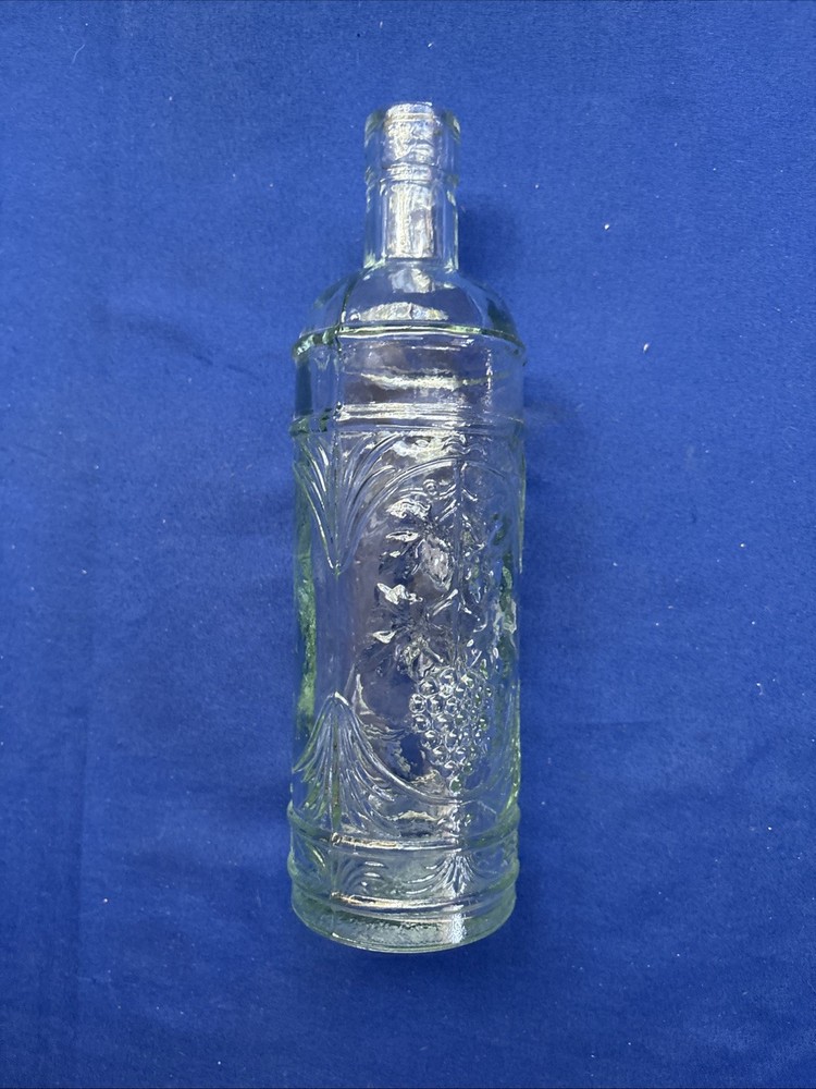 La Mediterranean Blown Teal Glass Wine Bottle W/Cork Embossed Grapes