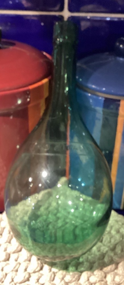 Vintage Hand Blown Green Rounded Bottom Wine Glass Bottle- “Vino D’ Italia”