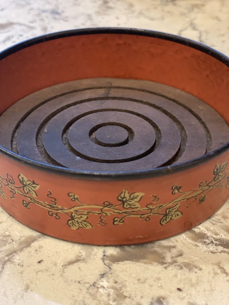 Vintage Italian Wine Bottle Coaster Cinnabar Red Metal Hand Painted/Wood Insert