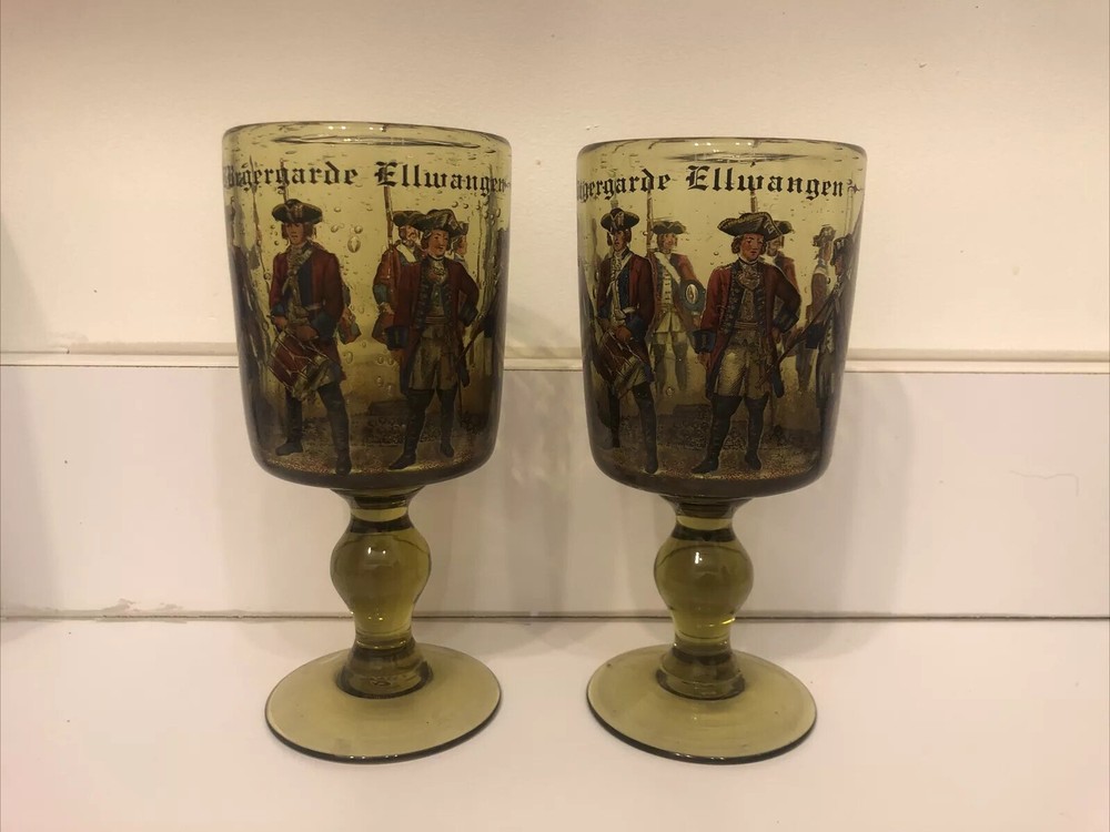 Antique Pair (2) Soda Glass Civil Guard Burgergarde Ellwagen Germany Wine Beer